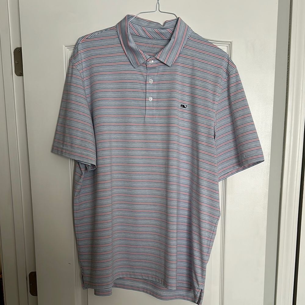 Men's Striped Vineyard Vines Performance Polo - Blue and White (XL)